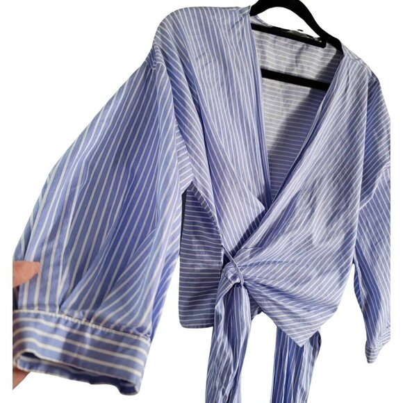 ZARA Blue and white striped wrap around cropped blouse. EUC - Picture 1 of 9